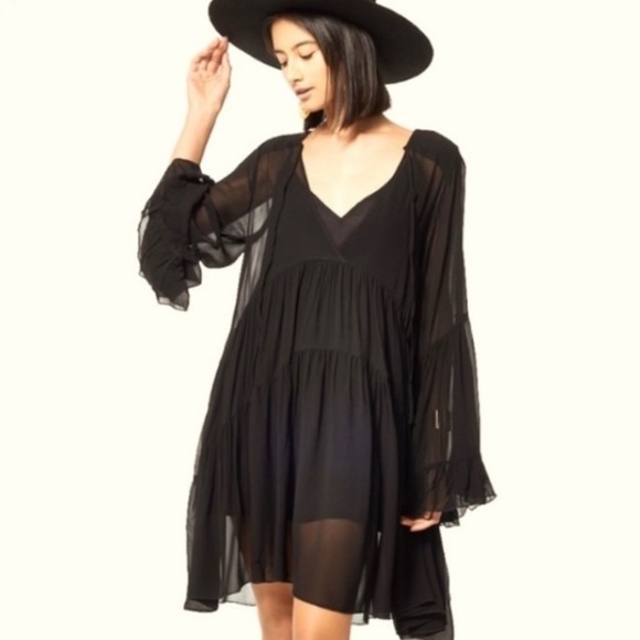 Young Fabulous & Broke Dresses & Skirts - Young Fabulous & Broke Rosa Sheer Tiered Mini Dress Black Bell Sleeves Sz L NEW